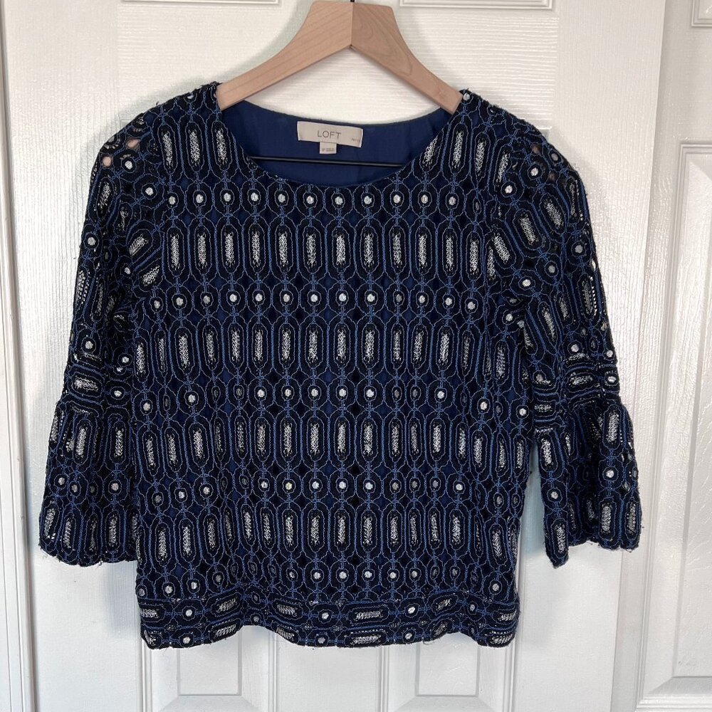 Loft Navy Metallic Embroidered Lined 3/4 Bell Sleeve Blouse Size SP